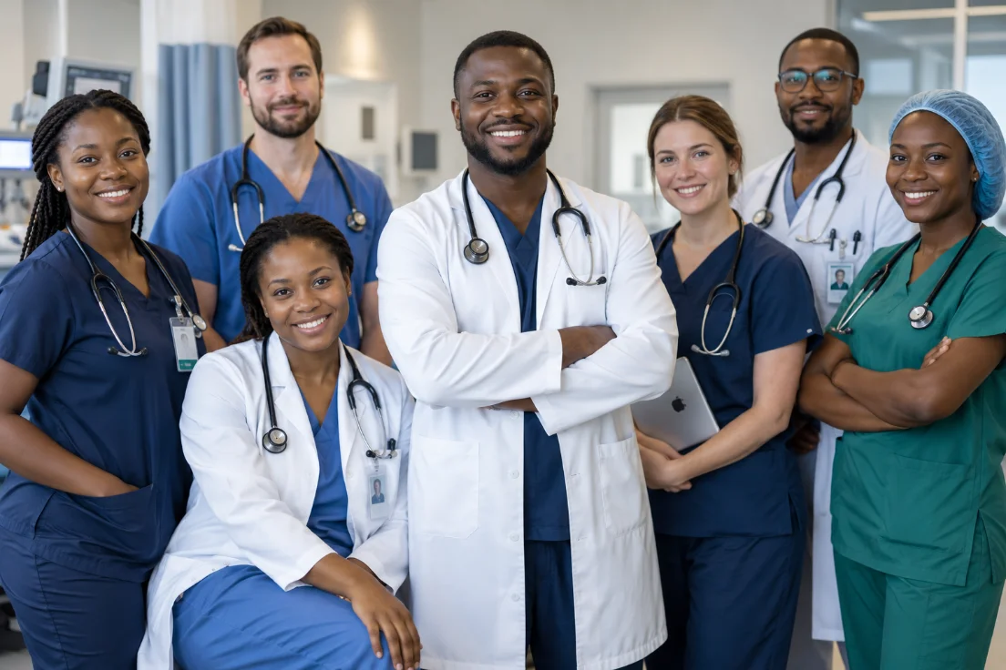 A team of doctors and nurses on a hospital ward